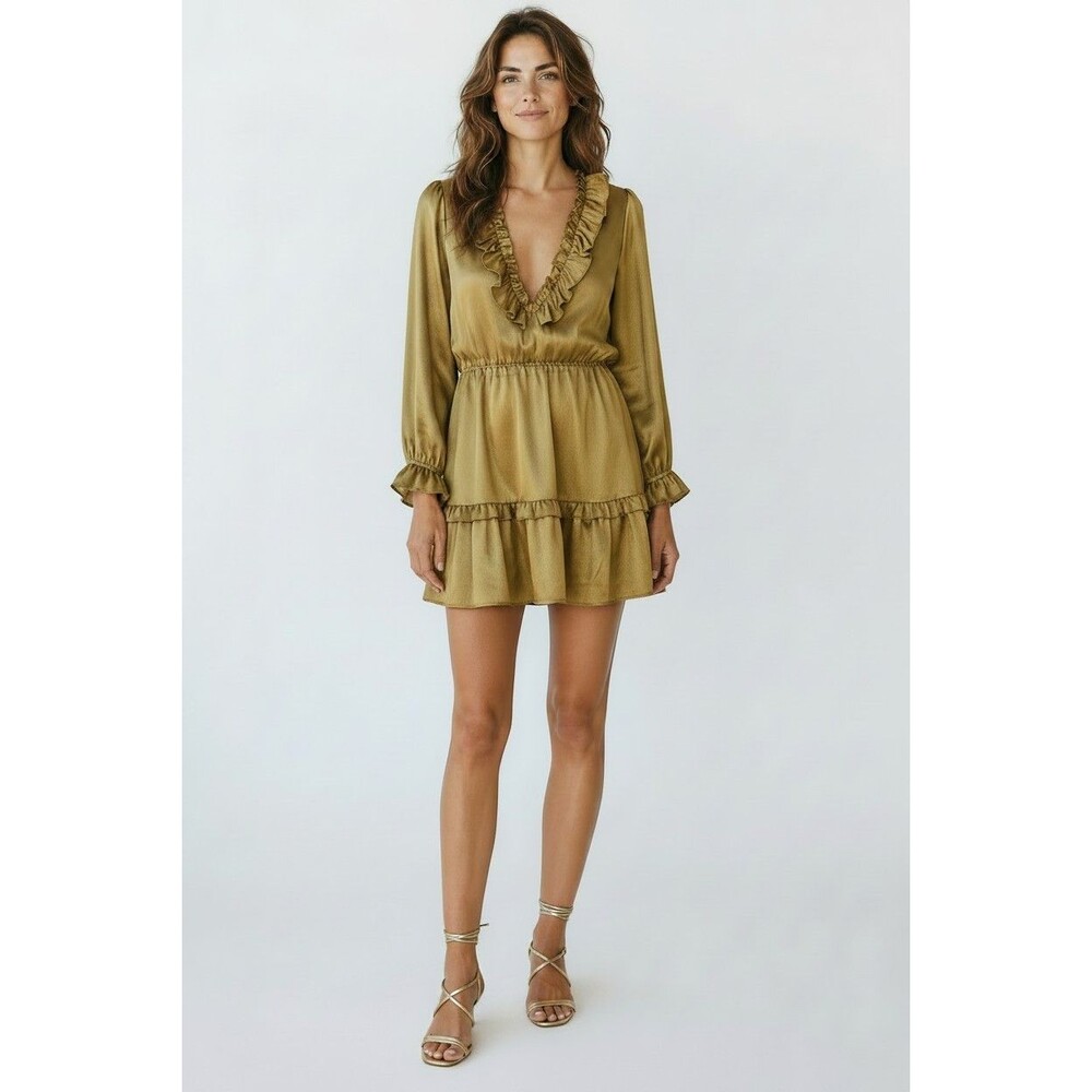 Meritt Mini Long Sleeve V Neck Ruffles Dress Gold Size L